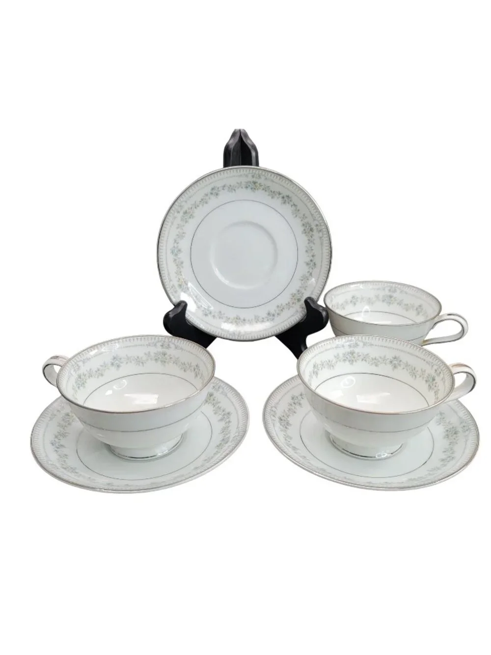Noritake Norwood Tea Cups and Saucers Set of 3 White Silver Floral Japan Cr157